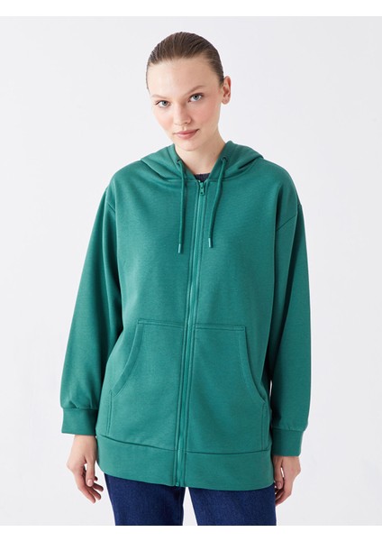 Yeni Sezon Kapüşonlu Düz Oversize Kadın Kalın Fermuarlı Sweatshirt