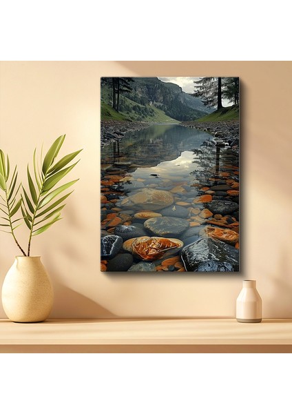 Tekli Dikey Kanvas Tablo Nehir Taştan Zemin Berrak Su Manzarası Doğa Tabloları Ev Ofis Salon Duvar Dekoru