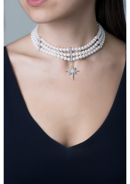 Audrey 18 Ayar Beyaz Altın Kaplama 40 cm Gümüş Choker Inci Kolye