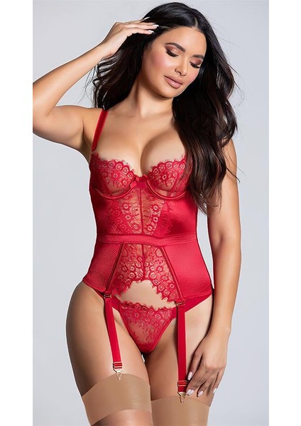 Özel Tasarım Kırmızı Dantel Işlemelı Fantezı Jartıyer Takımı