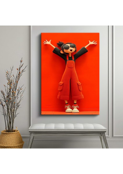 Tekli Dikey Kanvas Tablo Kız Çocuk Kollar Açık Güneş Gözlüklü 3D Karakter Çizgi Film Tabloları Ev Ofis Salon Duvar Dekoru