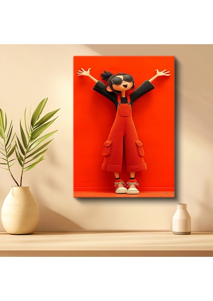 Tekli Dikey Kanvas Tablo Kız Çocuk Kollar Açık Güneş Gözlüklü 3D Karakter Çizgi Film Tabloları Ev Ofis Salon Duvar Dekoru fiyatları