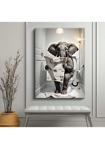Tekli Dikey Kanvas Tablo Fil Tuvalette Gözlüklü Gazete Okuyor Komik Tablolar Ev Ofis Salon Duvar Dekoru