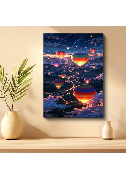Tekli Dikey Kanvas Tablo Balonlar Gece Manzarası Işık Yolu Şehir Üzeri Fantastik Tablolar Ev Ofis Salon Duvar Dekoru