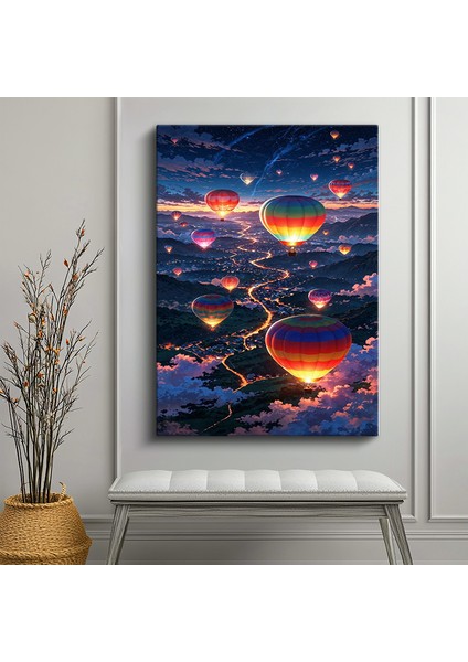 Tekli Dikey Kanvas Tablo Balonlar Gece Manzarası Işık Yolu Şehir Üzeri Fantastik Tablolar Ev Ofis Salon Duvar Dekoru fiyatları
