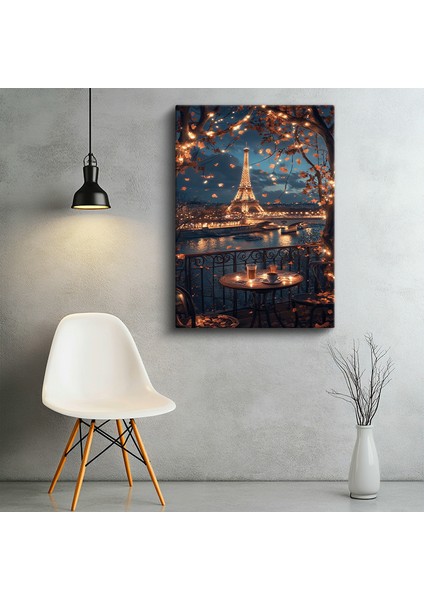 Tekli Dikey Kanvas Tablo Eyfel Kulesi Balkon Manzarası Gece Işık Efektli Şehir Mimari Tablolar Ev Ofis Salon Duvar Dekoru fiyatları