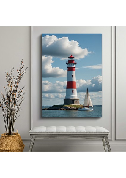 Tekli Dikey Kanvas Tablo Deniz Feneri Kırmızı Beyaz Yelkenli Tekneli Manzara Deniz Tabloları Ev Ofis Salon Duvar Dekoru