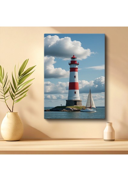Tekli Dikey Kanvas Tablo Deniz Feneri Kırmızı Beyaz Yelkenli Tekneli Manzara Deniz Tabloları Ev Ofis Salon Duvar Dekoru fiyatları