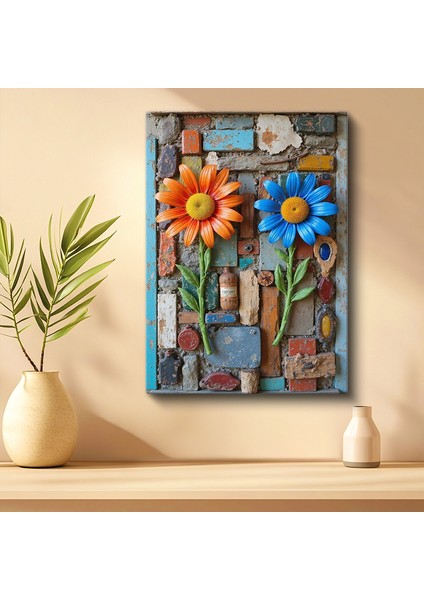 Tekli Dikey Kanvas Tablo Çiçekler Tuğla Görünümlü Duvar Sanatı Iki Çiçek Botanik Tablolar Ev Ofis Salon Duvar Dekoru