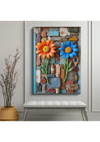 Tekli Dikey Kanvas Tablo Çiçekler Tuğla Görünümlü Duvar Sanatı Iki Çiçek Botanik Tablolar Ev Ofis Salon Duvar Dekoru fiyatları