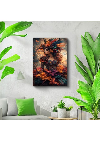Tekli Dikey Kanvas Tablo Kadın Tüylü Şapka Fırfırlı Elbise Fantastik Portreler Ev Ofis Salon Duvar Dekoru