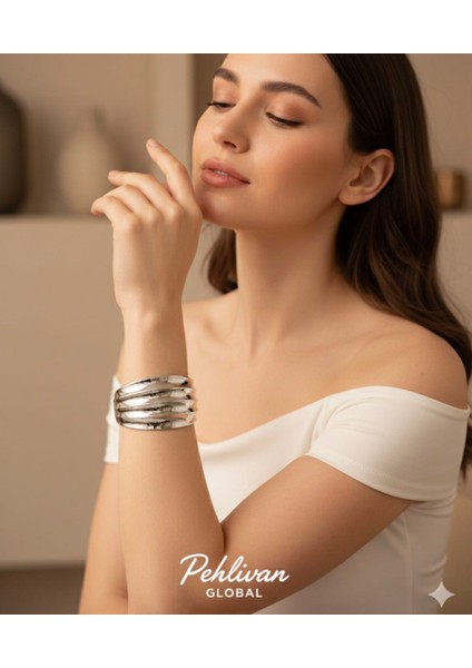 Çok Katmanlı Gümüş Renk Manşet Çelik Bileklik