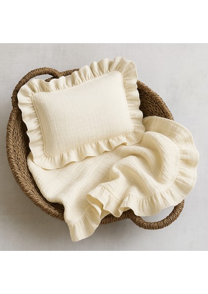 %100 Pamuk Krem Renk 4 Kat Müslin Fırfırlı Bebek Yastık Kılıfı ve Bebek Battaniyesi (100X100) fiyatları