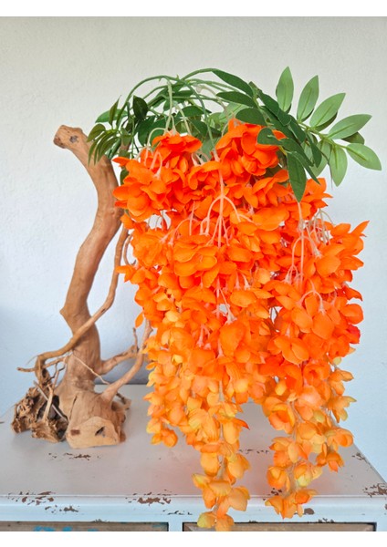 El Yapımı Tropikal Sarkık Çiçek Dekoru – Gerçek Ağaç Gövdeli | Turuncu–sarı Geçişli Yapay Çiçekli Masa & Konsol Dekorasyonu