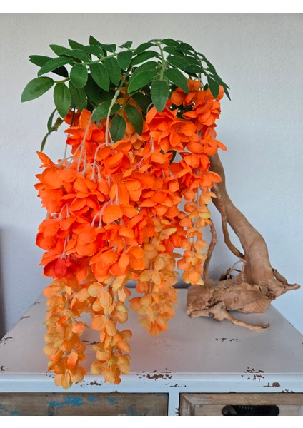 El Yapımı Tropikal Sarkık Çiçek Dekoru – Gerçek Ağaç Gövdeli | Turuncu–sarı Geçişli Yapay Çiçekli Masa & Konsol Dekorasyonu fiyatları