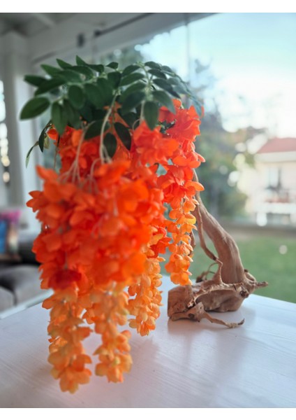 El Yapımı Tropikal Sarkık Çiçek Dekoru – Gerçek Ağaç Gövdeli | Turuncu–sarı Geçişli Yapay Çiçekli Masa & Konsol Dekorasyonu fırsatları