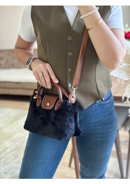 Siyah Peluş Taba Saplı El ve Omuz Çantası
