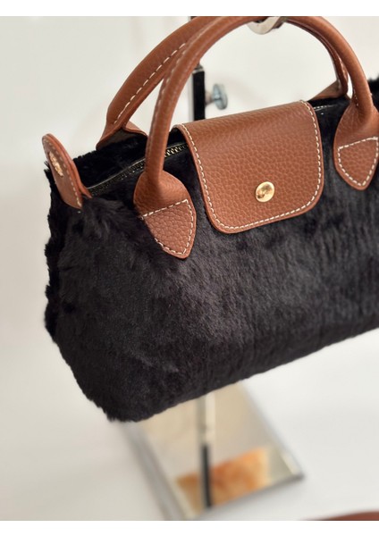 Siyah Peluş Taba Saplı El ve Omuz Çantası modelleri