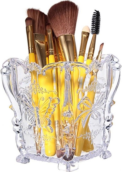 Dekoratif Şeffaf Makyaj Manikür Aletleri Kalemlik Fırçalık Organizer Kelebek Desen