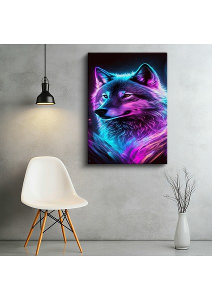 Tekli Dikey Kanvas Tablo Kurt Neon Işık Efektli Yakın Çekim Hayvan Tabloları Ev Ofis Salon Duvar Dekoru