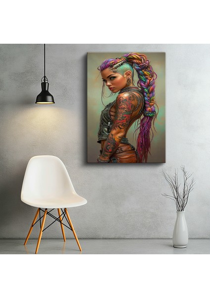 Tekli Dikey Kanvas Tablo Kadın Punk Stili Renkli Saçlı Dövme Portreler Ev Ofis Salon Duvar Dekoru