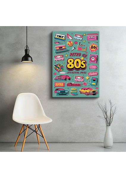 Tekli Dikey Kanvas Tablo Etiketler Retro 80S Çizimler Karışık Desen Retro Tablolar Ev Ofis Salon Duvar Dekoru