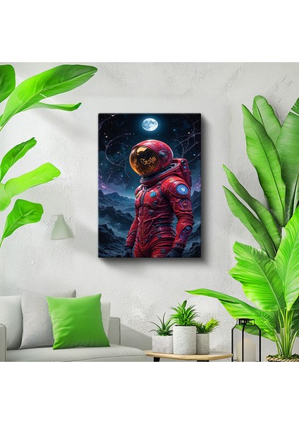 Tekli Dikey Kanvas Tablo Astronot Kırmızı Elbiseli Ay Yüzeyi Manzarası Uzay Tabloları Ev Ofis Salon Duvar Dekoru