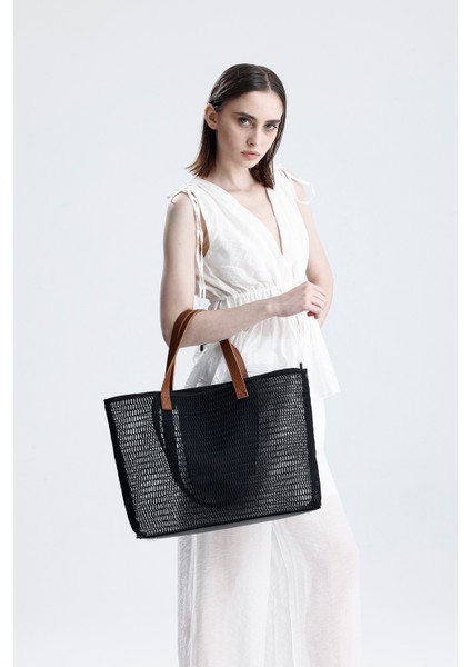 Kadın Siyah Petek Desenli Şeffaf Büyük Boy Plaj Ve Alışveriş Shopper Tote Omuz Çantası
