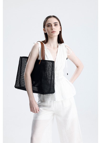 Kadın Siyah Petek Desenli Şeffaf Büyük Boy Plaj Ve Alışveriş Shopper Tote Omuz Çantası
