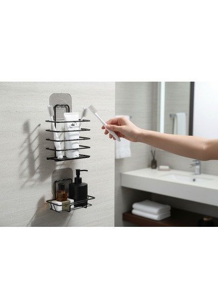 Paslanmaz Metal Banyo Duvar Organizeri - Yapışkanlı Diş Fırçalık ve Sabunluk Seti - 2'li Süper Set