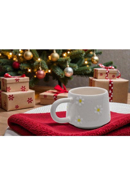 Papatya Desen El Yapımı Kupa Bardak Kahve Çay Fincanı Seramik Kupa Mug