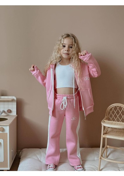 Kız Çocuk Şeritli Kapüşonlu Sweatshirt Kışlık Eşofman Takım