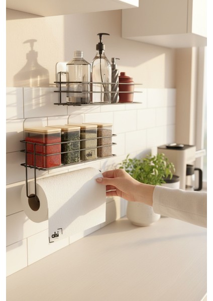 Yapışkanlı Şampuanlık Baharatlık 2li Metal Kağıt Havluluk Siyah Standlı Şık Mutfak Banyo Rafı