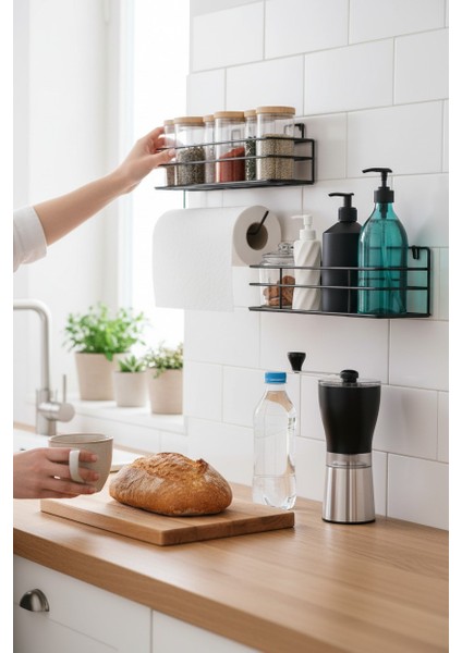 Yapışkanlı Şampuanlık Baharatlık 2li Metal Kağıt Havluluk Siyah Standlı Şık Mutfak Banyo Rafı fiyatları