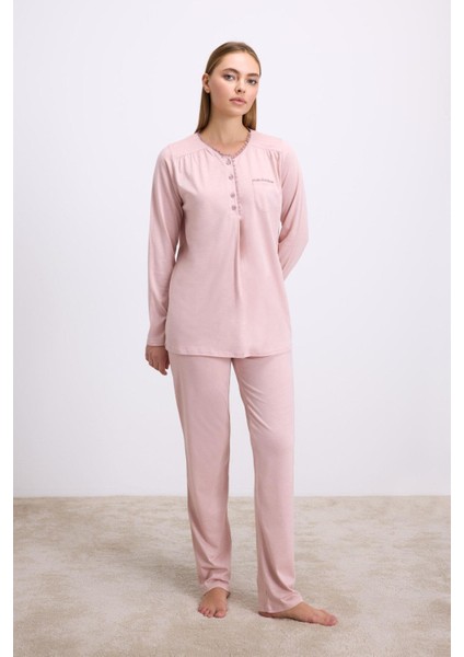 Arias Closet Gül Kurusu Modal Pamuklu Uzun Kollu Düğmeli 2'li Pijama Takımı