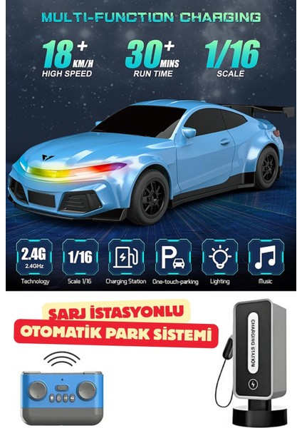 Uzaktan Kumandalı Müzikli LED Işıklı Şarj Istasyonlu Otomatik Parklı 18 Km/h Yapan Tesla Araba 29CM
