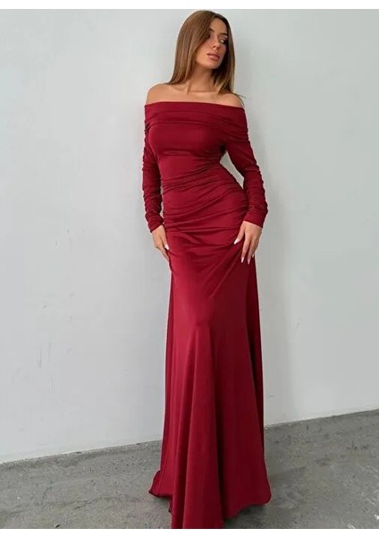 Kadın Sınırlı Sayıda Bordo Kayık Yaka Balık Etek Tasarım Yılbaşı Elbise