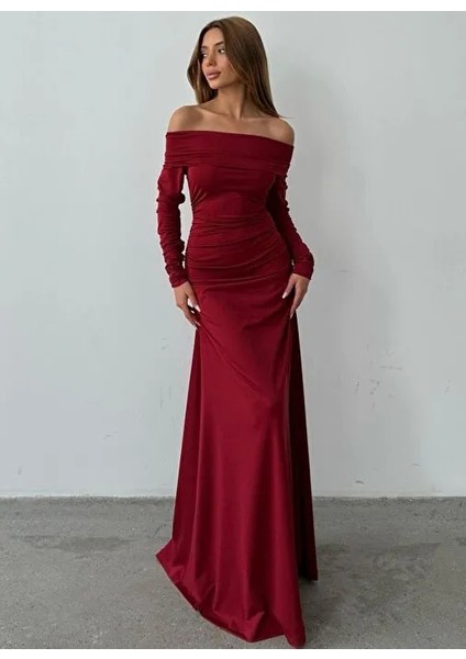 Kadın Sınırlı Sayıda Bordo Kayık Yaka Balık Etek Tasarım Yılbaşı Elbise fiyatları