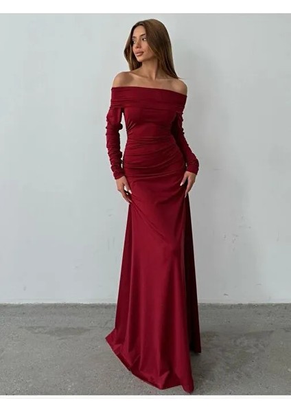 Kadın Sınırlı Sayıda Bordo Kayık Yaka Balık Etek Tasarım Yılbaşı Elbise modelleri