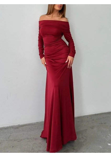 Kadın Sınırlı Sayıda Bordo Kayık Yaka Balık Etek Tasarım Yılbaşı Elbise fırsatları