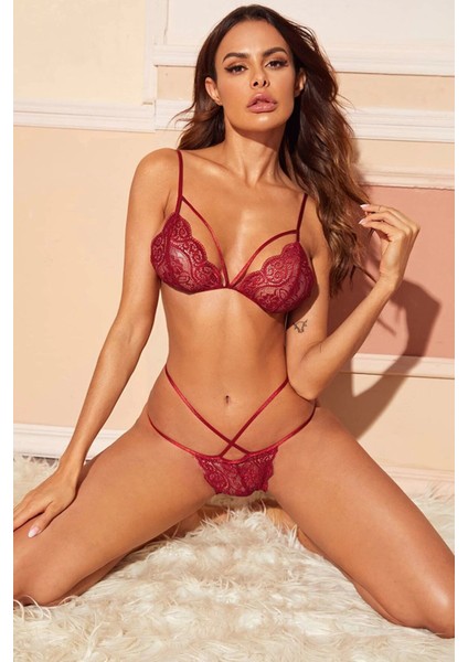 Kadın Bordo Dantelli Çapraz Sütyen Takımı modelleri
