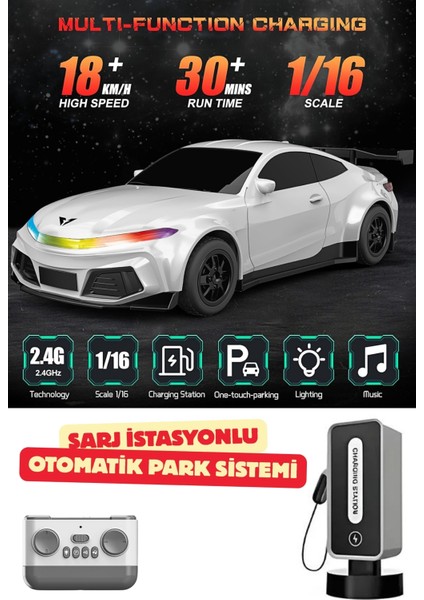 Uzaktan Kumandalı Müzikli LED Işıklı Şarj Istasyonlu Otomatik Parklı 18 Km/h Yapan Tesla Araba 29CM
