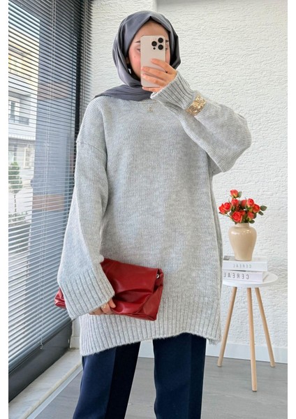 Kadın Bisiklet Yaka Oversize Kazak - Gri