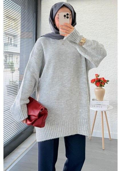 Kadın Bisiklet Yaka Oversize Kazak - Gri modelleri