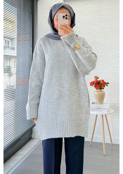 Kadın Bisiklet Yaka Oversize Kazak - Gri fırsatları