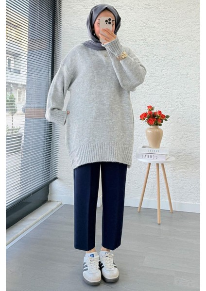 Kadın Bisiklet Yaka Oversize Kazak - Gri