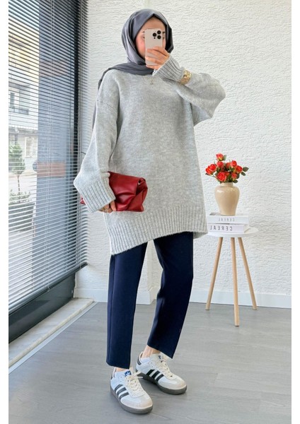 Kadın Bisiklet Yaka Oversize Kazak - Gri