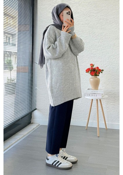 Kadın Bisiklet Yaka Oversize Kazak - Gri