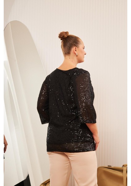 BÜYÜK BEDEN PUL PAYET BLUZ SİYAH modelleri