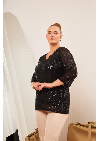 BÜYÜK BEDEN PUL PAYET BLUZ SİYAH fırsatları